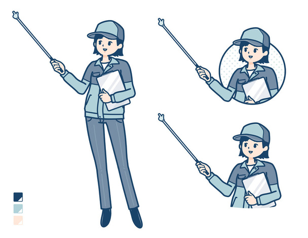 A woman wearing workwear with Explanation with a pointing stick image - Vector, imagen