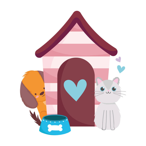 κατοικίδιο ζώο κατάστημα, χαριτωμένο σκυλί και γάτα με το σπίτι και μπολ ζώων οικόσιτα κινούμενα σχέδια - Διάνυσμα, εικόνα