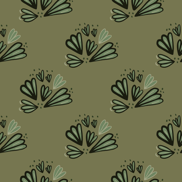 Seamless flower outline shapes pattern. Hand drawn botanic black contoured ornament and background in green pale tones. Designed for wallpaper, textile, wrapping, fabric print. Vector illustration. - Vector, Imagen