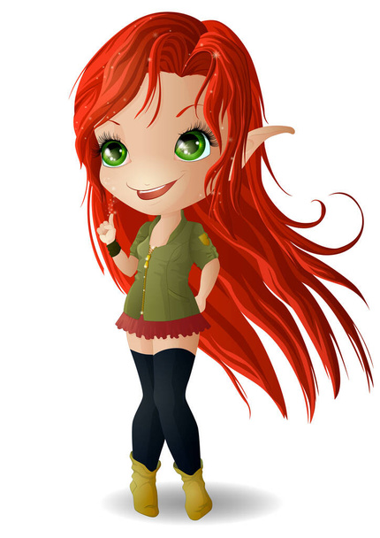 Red-haired girl elf in a green jacket. Vector illustration. - Vektör, Görsel
