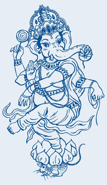 Dibujo o boceto del Señor Bailarín Ganesha sobre el Loto y el Ratón Esquema Editable Vector Ilustración - Vector, imagen