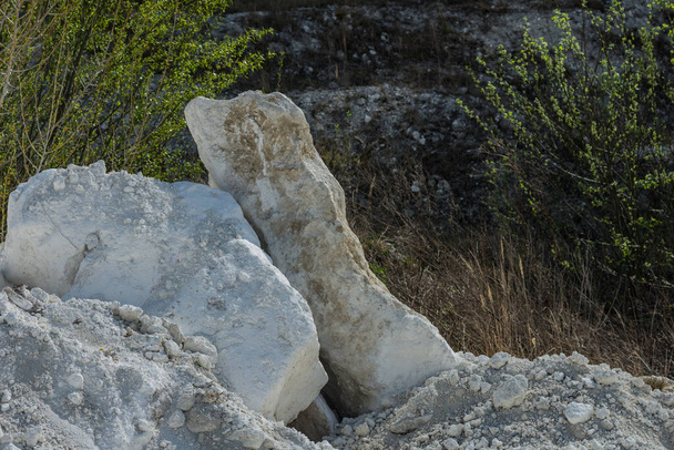 grosses roches dans une carrière de chaux avec des arbustes - Photo, image