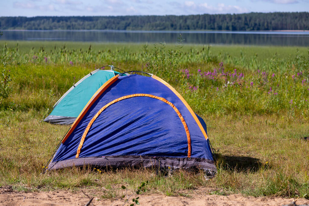 Teltta pystytetty karu leirintäalue, reunalla järven.Camping värikäs teltta rannalla järven, turisti teltta rannalla lammen. aktiivinen matkailukäsite - Valokuva, kuva