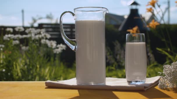Кувшин и стакан молока в саду - Кадры, видео