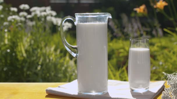 Кувшин и стакан молока в саду - Кадры, видео