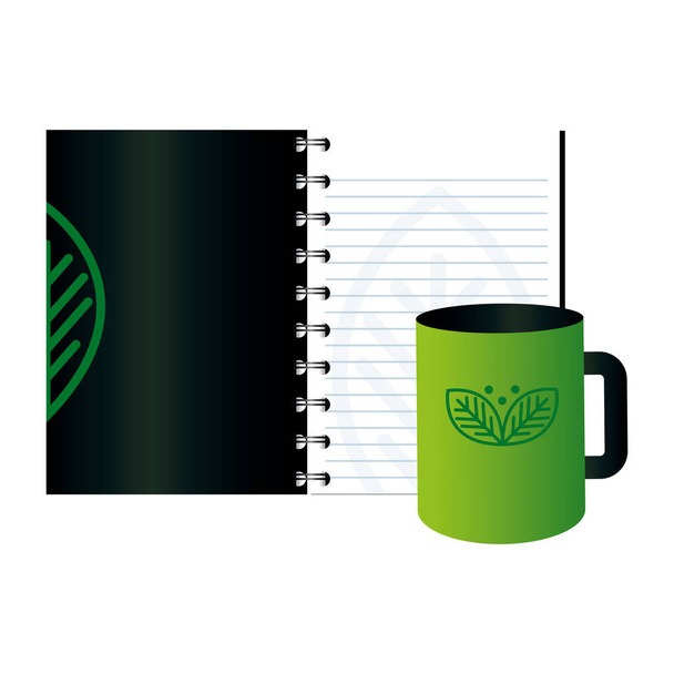 макет кухоль і блокнот зі знаком зеленої компанії, фірмовий стиль
 - Вектор, зображення