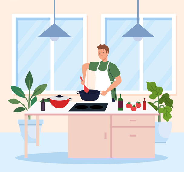 mies ruoanlaitto käyttäen esiliina, keittiössä kohtaus - Vektori, kuva