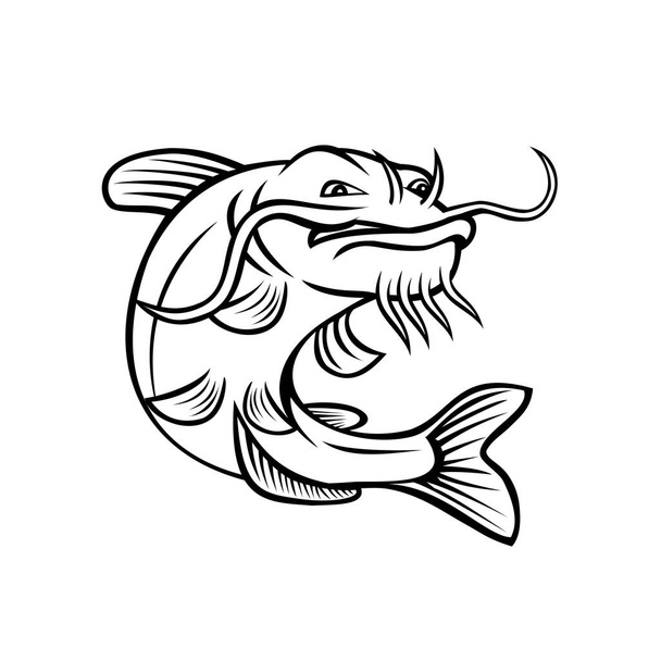 Cartoon style illustration of a channel catfish Ictalurus punctatus or channel cat, North America's most numerous catfish species, jumping up on isolated white background done in black and white. - Vector, Image