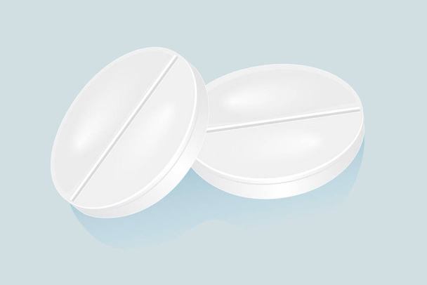 Білі таблетки ізольовані на синьому фоні. Два кола таблетки або планшет значок або логотип. Медицина та наркотики. Круглий білий ліки таблетки, аспірин, антибіотики, вітамінні та знеболюючі препарати. Наркологічна хімія. Сток Векторні ілюстрації
 - Вектор, зображення