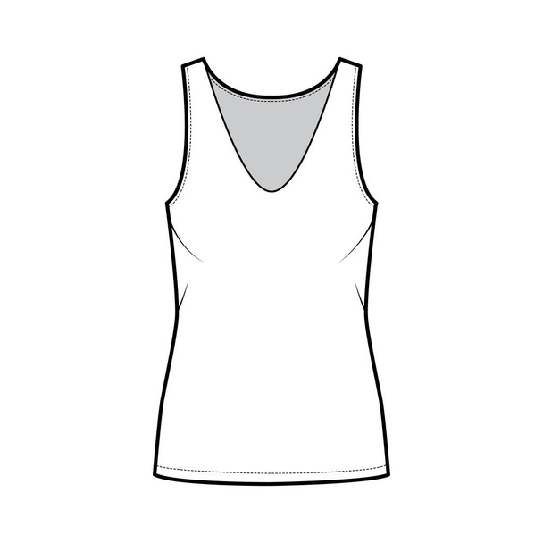 Cotton-jersey δεξαμενή τεχνική απεικόνιση μόδας με χαλαρώστε ταιριάζει, βυθίζοντας V-ντεκολτέ, αμάνικο. Επίπεδη φούστα καμισόλ - Διάνυσμα, εικόνα