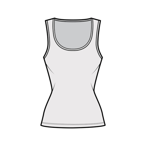 Cotton-Jersey zbiornik ilustracji technicznej mody z smukłym dopasowaniem, szeroki dekolt gałki, bez rękawów. Płaska bielizna cami - Wektor, obraz