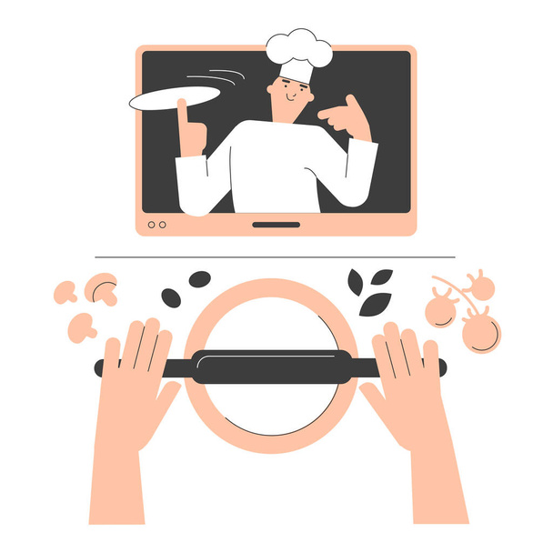 Lo chef insegna a cucinare la pizza. La donna guarda una ricetta video sul computer portatile e prepara il cibo a casa in cucina. Concetto di ricette online, cucina casalinga. Illustrazione piatta vettoriale - Vettoriali, immagini