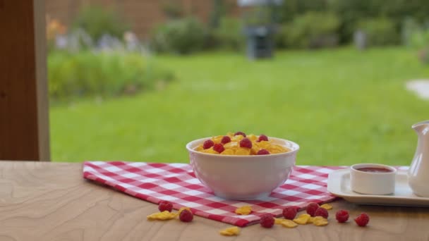 Tazón de copos de maíz con frambuesa - Imágenes, Vídeo