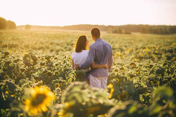 Όμορφο ερωτευμένο ζευγάρι στέκεται πίσω και αγκαλιάζεται, κοιτάζοντας το ηλιοβασίλεμα πάνω από ένα χωράφι με ηλιοτρόπια. Κορίτσι με λευκή καλοκαιρινή μπλούζα, άντρας με τζιν και πουκάμισο. Καλοκαιρινές διακοπές - Φωτογραφία, εικόνα