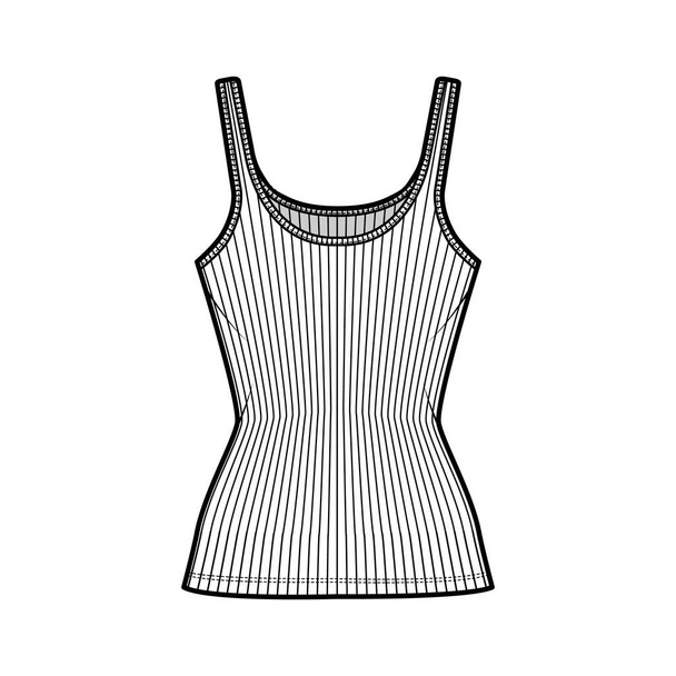 Žebrovaný bavlněný dres technické módní ilustrace s výstřihem, těsně padnoucí pletenina, délka tuniky. Plochá kukla - Vektor, obrázek