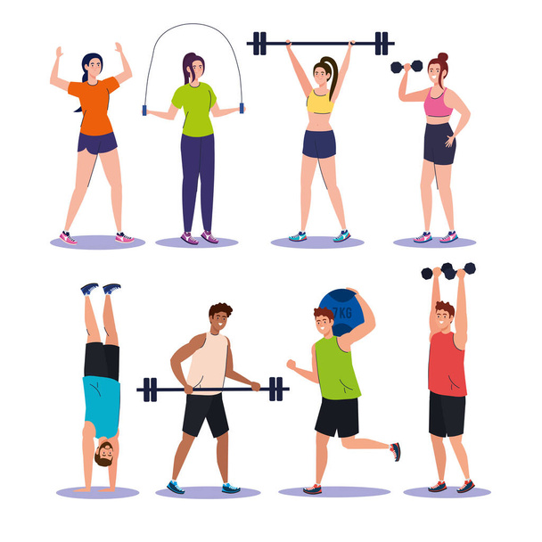 set scenes young people practicing exercises, sport recreation - Vector, Image