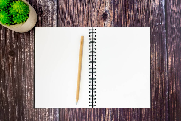 Um caderno de esboços em espiral em branco aberto e um lápis de madeira na mesa de madeira, decorar com uma planta. - Foto, Imagem