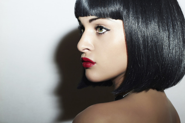 Beautiful Brunette Girl. Healthy Black Hair. bob Haircut. red lips. beauty woman - Photo, Image