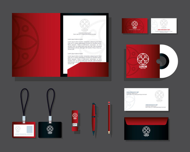 mockup papelería suministros color rojo con signo blanco, marca mockup identidad corporativa - Vector, Imagen