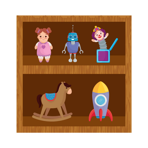 juguetes niño en estanterías de madera - Vector, Imagen