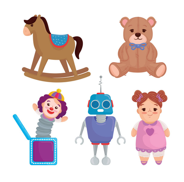 set of cute toys kids on white background - Vector, Image