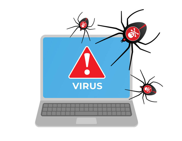 Virus informático atacando portátil. Seguridad en Internet, protección de datos, datos de red.  - Vector, imagen