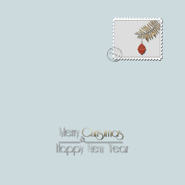 Minimalist Christmas card with gold pine brunch and red ball on a postage stamp and text Merry Christmas and Happy New Yaer on pastel green background. Copy space. 3D illustration - Photo, Image