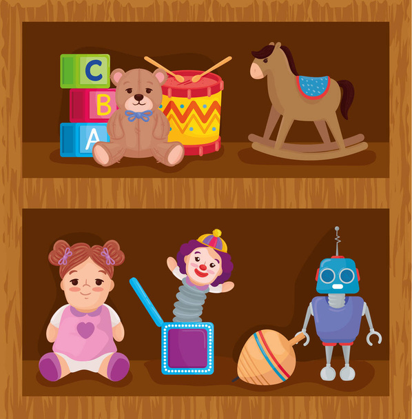 kids toys, on the wooden shelving - Vector, Image