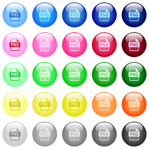 Iconos de formato de archivo PNG en conjunto de 25 botones esféricos brillantes de color - Vector, imagen