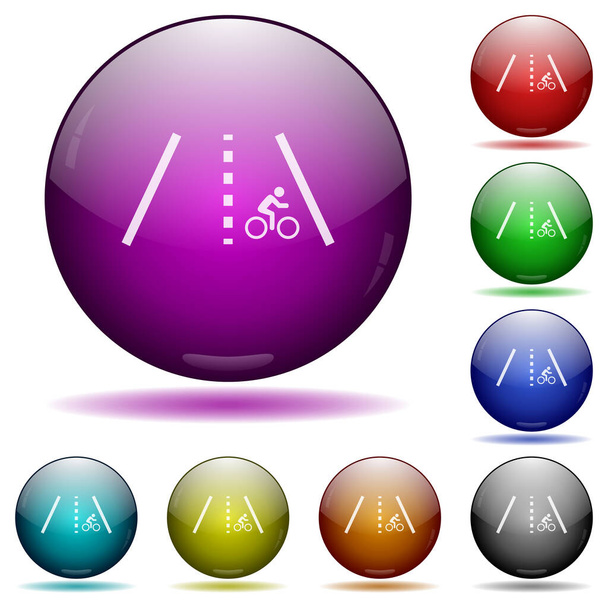 Fahrradstreifen-Symbole in farbigen Glaskugeltasten mit Schatten - Vektor, Bild