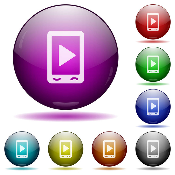Iconos multimedia de reproducción móvil en botones de esfera de vidrio de color con sombras - Vector, Imagen