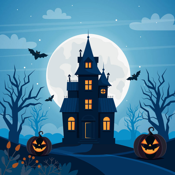 Halloween background with haunted house, full moon, pumpkins and trees - Vector, Image
