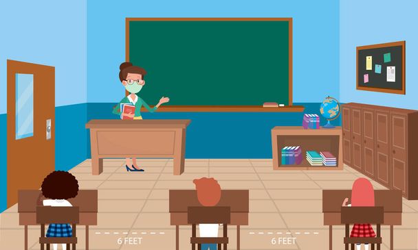 Social distancing.Teacher boy and girl wearing medical face mask live in school classroom.Prevent pandemic of coronavirus or covid-19.Flat vector illustration. - Vector, Image
