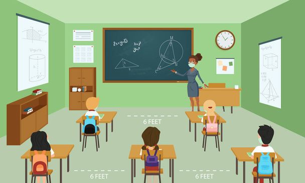 Social distancing.Teacher boy and girl wearing medical face mask live in school classroom.Prevent pandemic of coronavirus or covid-19.Flat vector illustration. - Vector, Image