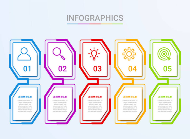 Visualisatie van bedrijfsgegevens, infografische template met 5 stappen op blauwe achtergrond, vectorillustratie - Vector, afbeelding