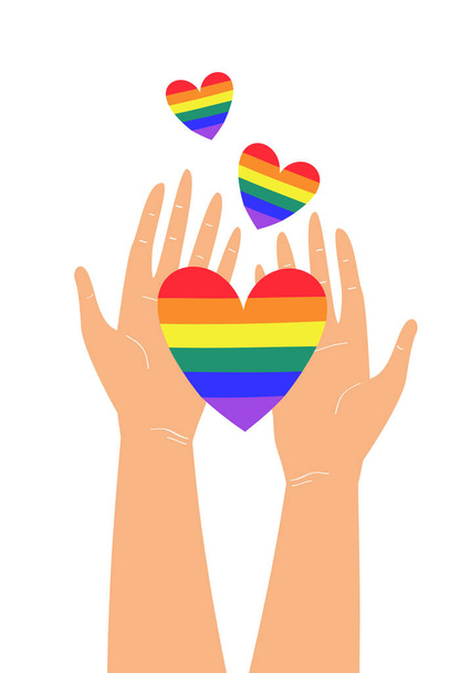 Vektorová ilustrace dvou rukou držících barvy srdce duhy LGBTQ +. Pojem hrdost, svoboda, rovnost, práva, lesbičky, gayové, bisexuálové, transgender láska a homosexualita. Tisk trička, znak nebo logo - Vektor, obrázek