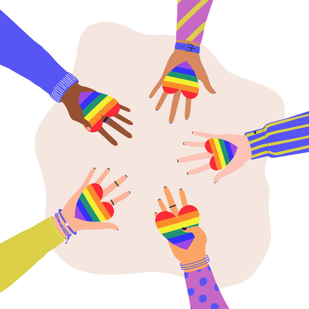 Ilustración vectorial de dibujos animados planos Manos sosteniendo corazones con colores de arco iris. Símbolo LGBTQ + de Amor, Libertad, Paz, Lesbianas. Mes de la Comunidad del Orgullo Gay - Vector, imagen