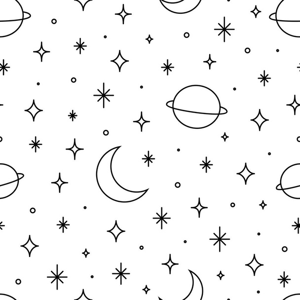 Motif vectoriel moderne dessiné à la main sans couture de planètes, lune, étoiles. Univers lignes dessins arrière-plan. Panneaux d'espace tendance dans un style linéaire - Vecteur, image