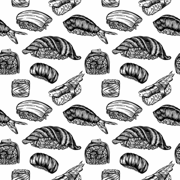 Raster illustrations in the style of a sketch of sushi, rolls and seafood. High-quality detailed drawing of all elements. - Photo, image