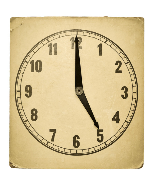 Textured old paper clock face showing 5 o'clock - Фото, изображение