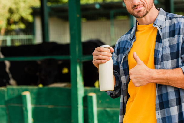 částečný pohled na farmáře držícího láhev čerstvého mléka a ukazujícího palec nahoru v blízkosti kravína - Fotografie, Obrázek