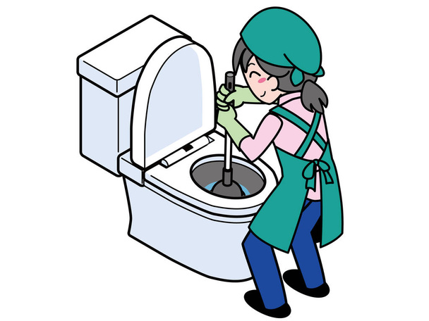 Una mujer que repara un inodoro obstruido con una taza de goma - Vector, imagen