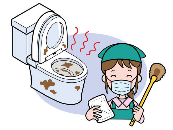 Una donna con un bagno in stile occidentale mal pulito e un detergente sorridente (indossando una maschera) - Vettoriali, immagini