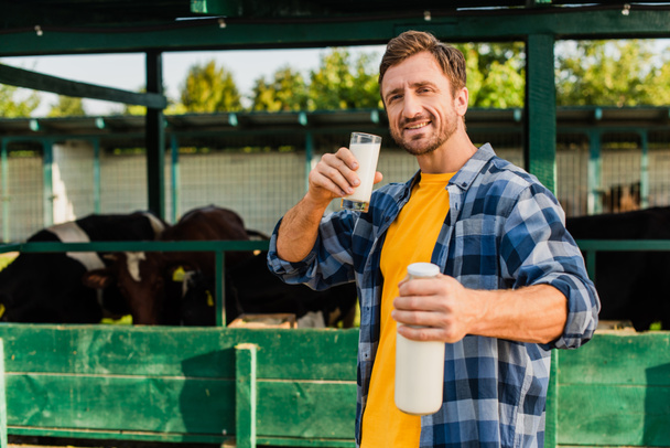 selective focus of farmer in plaid shirt holding glass and bottle of fresh milk near cowshed - Photo, image