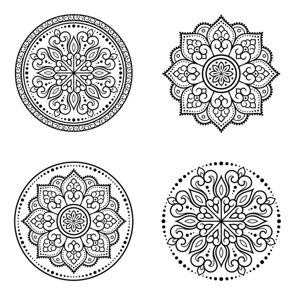 Set of circular pattern in form of mandala with flower for Henna, Mehndi, decoration. Decorative ornament in ethnic oriental style. Outline doodle hand draw vector illustration. Coloring book page. - Vektör, Görsel