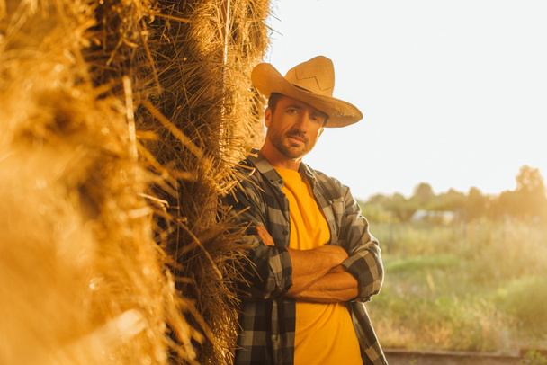 selective focus of farmer in plaid shirt leaning on hay stack with crossed arms while looking at camera - Photo, Image