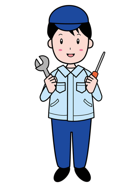 Technician young man with spanner and driver (whole body) - Vector, Image