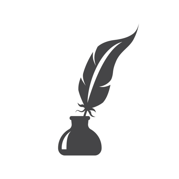 Pen feather in ink bottle black vector icon. Inkstand or ink well with bird feather glyph silhouette symbol. - Vector, Image