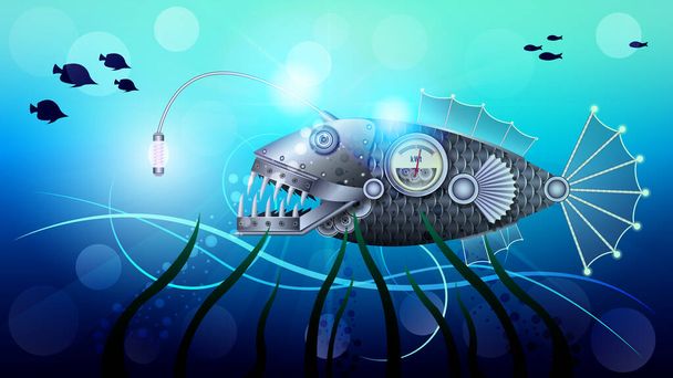 Acero mecánico peces de metal bajo el agua, Steampunk. - Vector, imagen