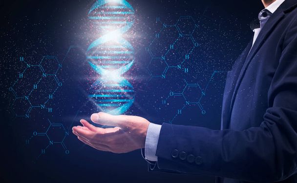 Концепция генетических технологий. Коллаж с бизнесменом, держащим спираль ДНК на синем фоне - Фото, изображение
